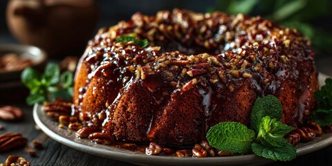 Bundt sweet cake with caramel pecan glaze