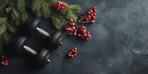Dumbbells with pine branches and red berries celebrating christmas fitness