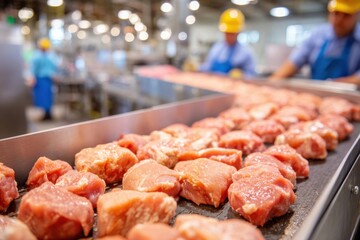 Fresh pork meat on conveyor belt in processing facility