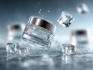 Black and White Floating Skincare with Glass Jars and Ice Cubes, Surrealist Minimalist Style