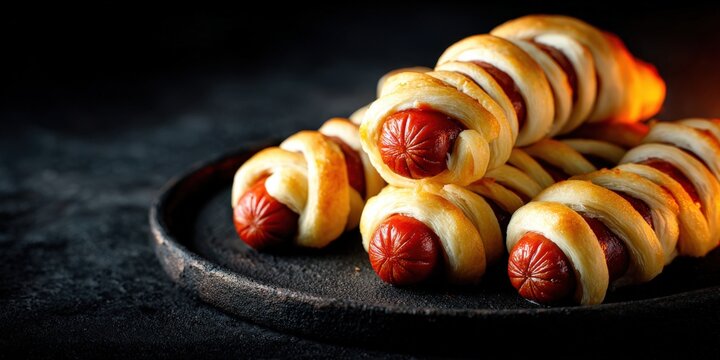 Pigs in a blanket appetizer on dark background