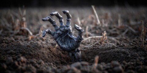 Zombie hand emerging from ground on halloween night