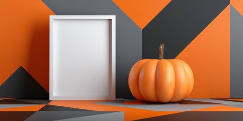 Halloween pumpkin and blank frame on geometric background
