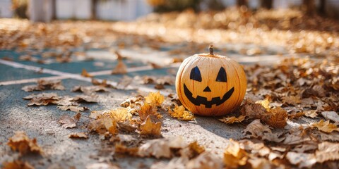 Halloween jack-o'-lantern resting on autumn leaves outdoors