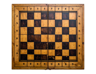 A worn, square chessboard with alternating brown and tan squares and a wooden border