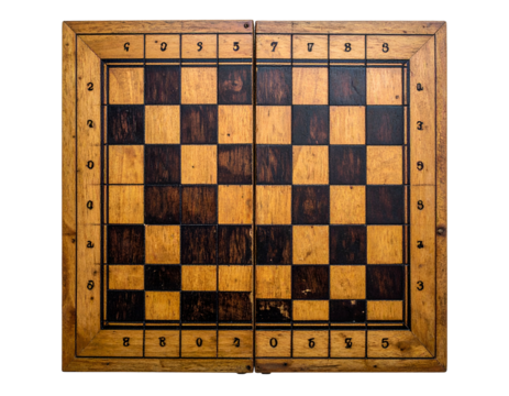 A worn, square chessboard with alternating brown and tan squares and a wooden border
