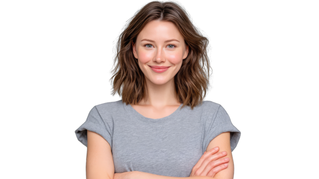 Portrait Of A Friendly Woman With Curly Brown Hair And Blue Eyes Wearing A Gray T-shirt Crossing Her Arms In A Studio With A Transparent Background - Powered by Adobe
