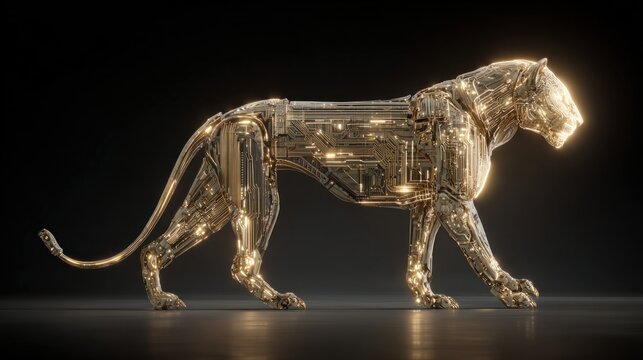 Digital tiger sculpture with circuit board details