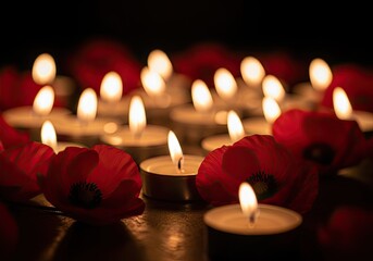 Photo of a solemn tribute with glowing candles and vibrant red poppy flowers, creating a warm and comforting atmosphere of remembrance and reflection
