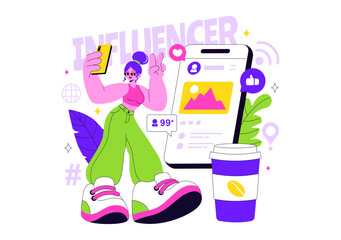 Influencers Lifestyle Vector Illustration Featuring a Photo on Social Media with a Smartphone for Followers to Promote Products and Brand Endorsements