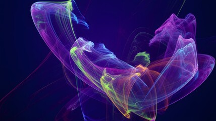 Abstract swirling ethereal light trails in vibrant purple and neon green hues against a dark background