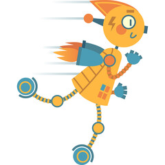 Joyful cartoon robot character with jetpack running fast with motion blur effect and orange flame emission against a clean white background