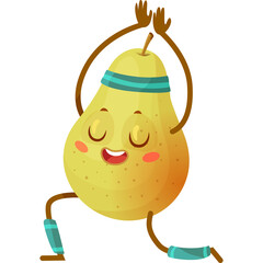 Joyful Yellow Pear Character Performing Yoga Warrior Pose With Eyes Closed And Smiling In Studio With Transparent Background