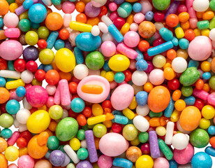 Obraz premium A close-up view of a vibrant assortment of colorful candies and sprinkles