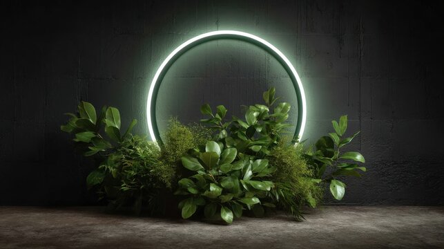 Lush green plants arranged around a glowing neon circle against a dark textured wall greenery foliage - Powered by Adobe