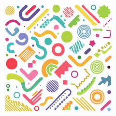 Abstract shapes and objects. Geometric art. Vector illustrations of curve squiggle, doodle, line, spot, gradient, dot for background, pattern or design.