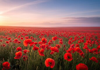 Obraz premium Photo of a serene sunrise over a vast field of vibrant red poppies, creating a picturesque landscape that evokes peace and tranquility in the morning light