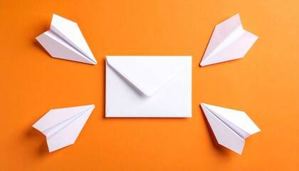 A white envelope centered on an orange background, surrounded symmetrically by four white paper airplanes