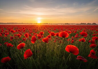 Obraz premium Photo of a stunning sunrise illuminates a field of vibrant red poppies, creating a picturesque scene that captures the essence of natural beauty and tranquility