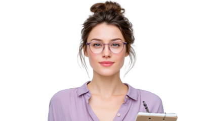 Portrait Of A Professional Businesswoman Wearing Glasses Holding Pen And Clipboard With A Slight Smile And Focused Expression On A Transparent Background