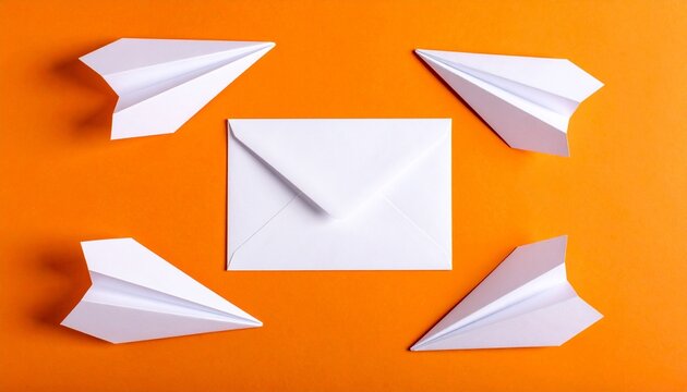 A white envelope centered on an orange background, surrounded symmetrically by four white paper airplanes