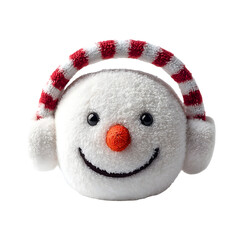 A cheerful fluffy white snowman head with a carrot nose and festive earmuffs isolated against a clean white background