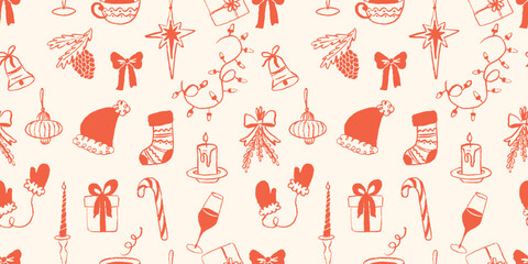 Hand drawn christmas seamless pattern with doodles elements for wrapping paper, greeting cards, fabric and holiday decorations