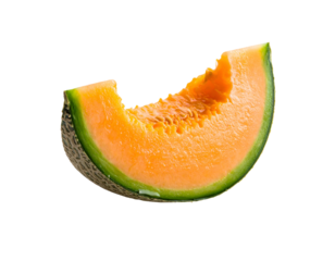A single cantaloupe slice with a bite taken out, set against a black backdrop