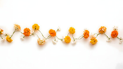 traditional marigold flower garland on white background, festive floral decoration used in cultural and religious celebrations