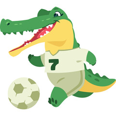 Cartoon Alligator Character Dressed in Soccer Uniform Kicking a Ball with a Big Smile on Transparent Background Pixel Art Style