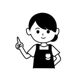 指差ししている保育士のイラスト　モノクロ,単色,人物,上半身,エプロン,シンプル,店員,ショップ,スーパー,素材,料理研究家