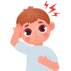 Cartoon Boy With Brown Hair Holding His Forehead And Chest Experiencing Head Ache And Discomfort With Red Lightning Symbols Above His Head On Transparent Background