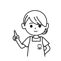 指差ししている保育士のイラスト　モノクロ,単色,人物,上半身,エプロン,シンプル,店員,ショップ,スーパー,素材,料理研究家