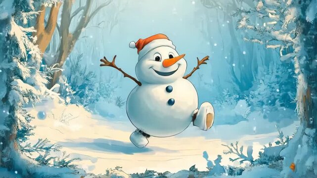 Cartoon snowman with exaggerated features joyfully hopping in a snowy winter landscape