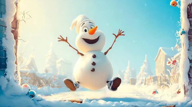 Cartoon snowman with exaggerated features joyfully hopping in a snowy winter landscape