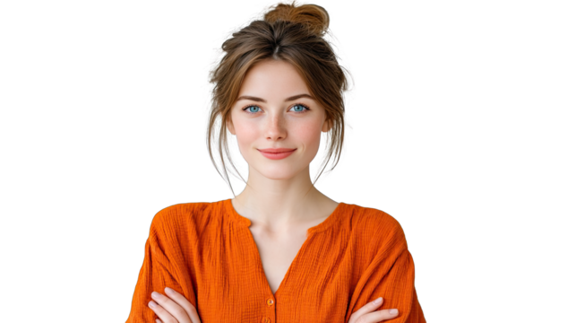 Portrait of a Cheerful Young Woman With Blue Eyes Wearing a Bright Orange Knitted Top and Her Hair in a Bun Smiling Confidently Against a Transparent Background