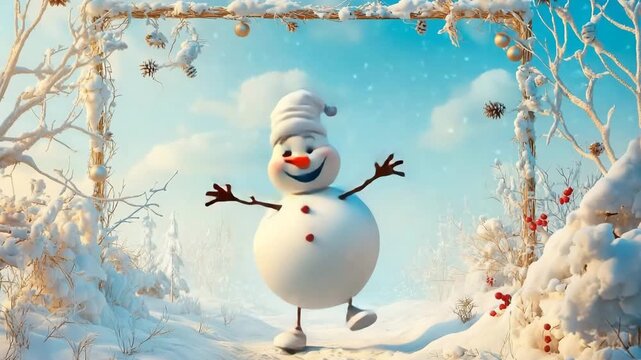 Cartoon snowman with exaggerated features joyfully hopping in a snowy winter landscape