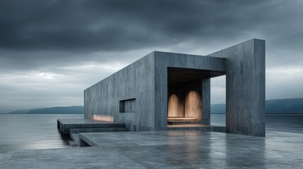 Minimalist concrete structure on water under a dramatic cloudy sky architecture building