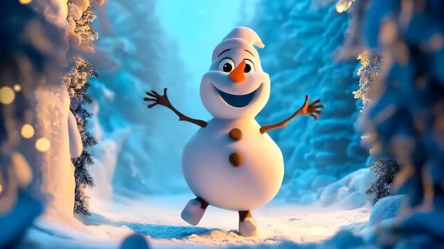 Cartoon snowman with exaggerated features joyfully hopping in a snowy winter landscape
