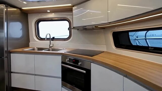 Compact yacht kitchen with glossy cabinets, stainless steel appliances, and bright lighting