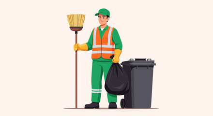 sanitation worker in green uniform vector illustration