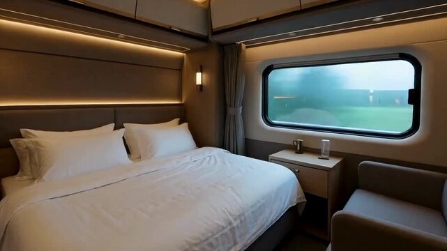 Modern train sleeper cabin with compact bed, clean decor, and soft lighting