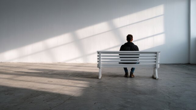 Peaceful atmosphere featuring one person resting on a small white bench, empty surroundings symbolizing self-reflection and stillness.