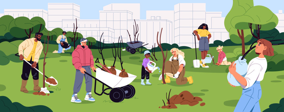 People are planting trees in the city. Group of volunteer plants saplings, watering seedlings in urban park. Men, women and kids care about nature and ecology together. Flat vector illustration