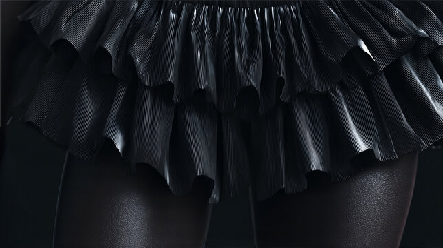 Close-up of black pleated ruffled skirt with glossy texture and dark woman stockings on black background
