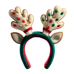 Festive reindeer antler headband decorated with colorful Christmas lights and ears isolated on white