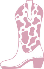 Cowboy boot design with a pink and white cow print pattern