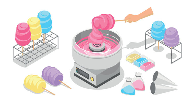 Isometric candy floss machine with colorful cotton candy cones and ingredients