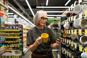 Elderly woman shopping for ceramic mugs in a modern store with bright lighting and organized shelves