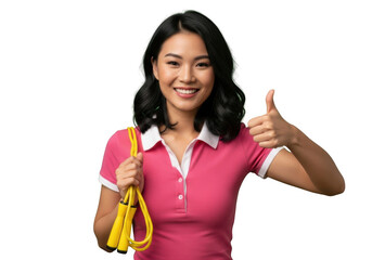 Smiling asian woman holding yellow jump rope giving thumbs up isolated on transparent background